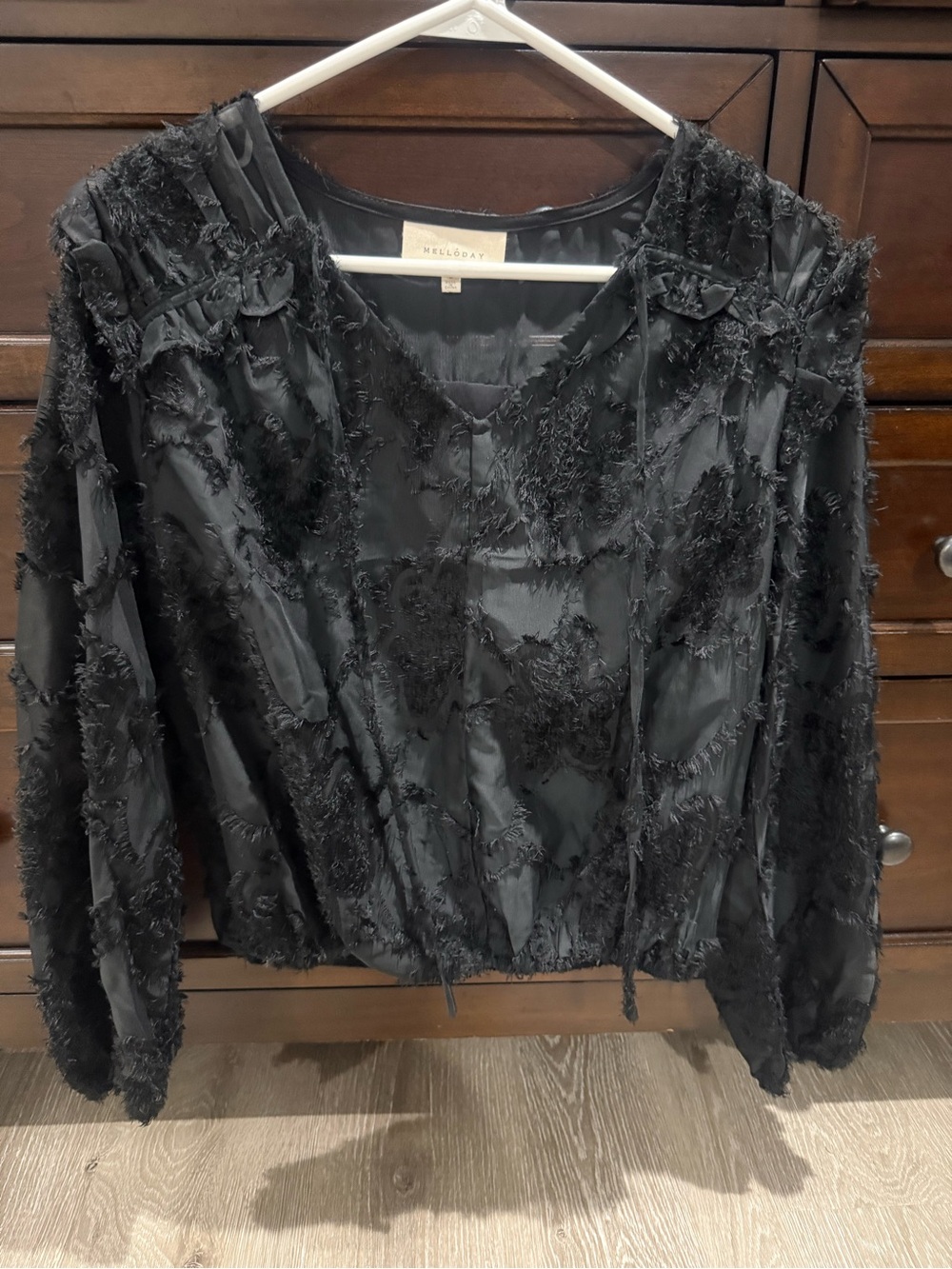 Melloday Black Eyelash Burnout Floral V-Neck Blouse Boho - Small